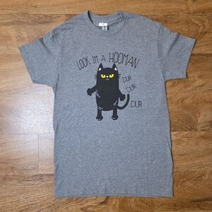 Funny Grey "Look I'm a Hooman" Black Cat T Shirt